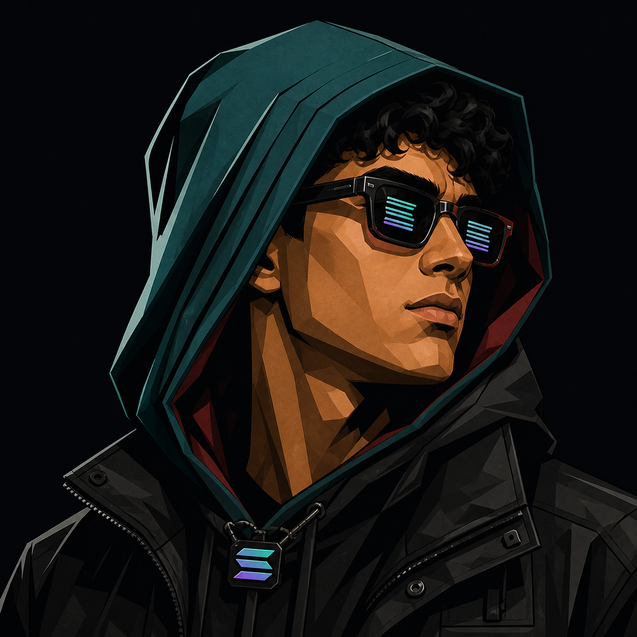 Hooded TOKENCHASER wearing illuminated Solana glasses