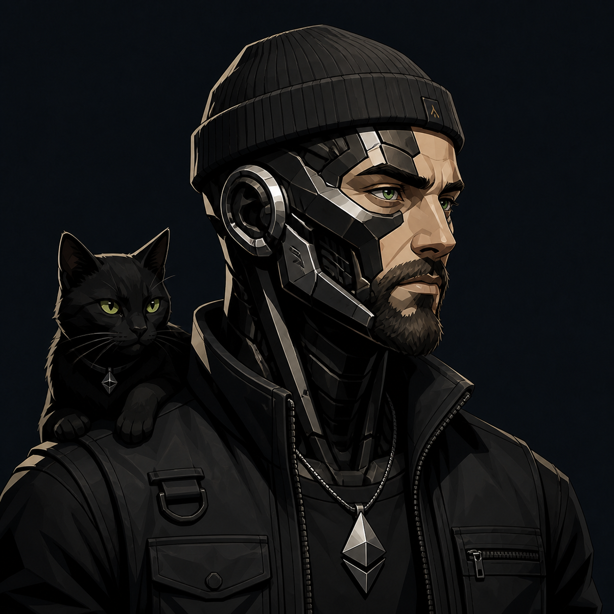 Human-forward cyborg TOKENCHASER with a black cat and Ethereum medallion