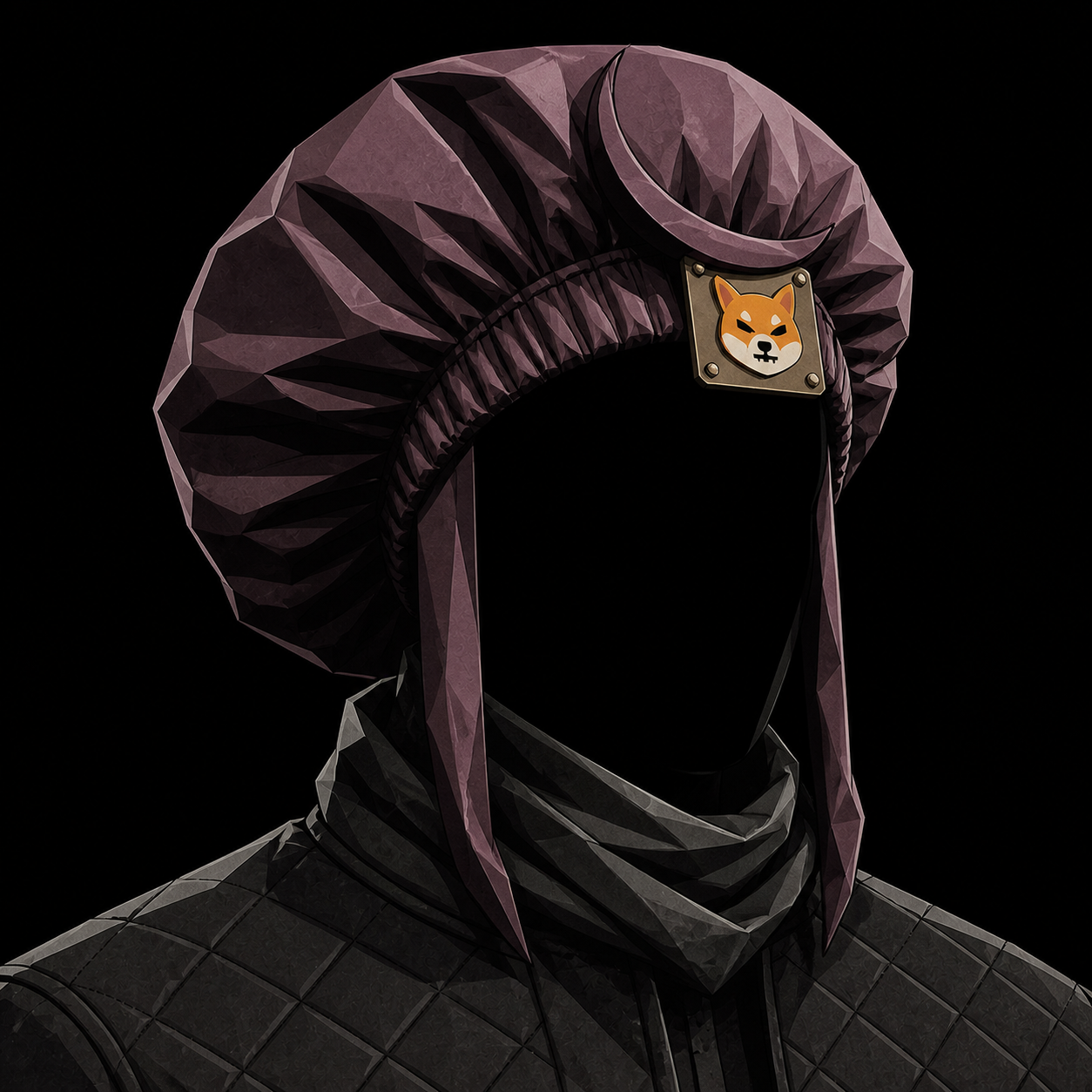 Faceless TOKENCHASER in a crescent bonnet with Shiba Inu insignia